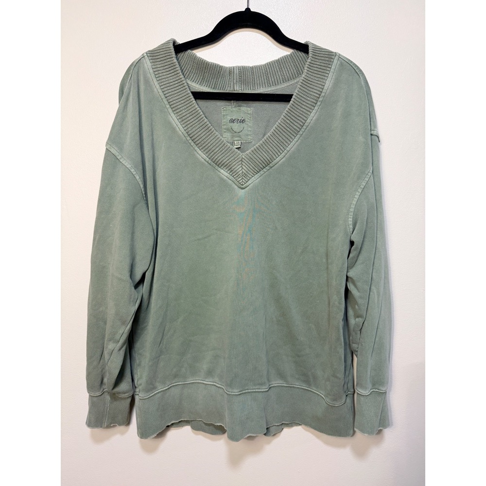 Aerie Sweatshirt S V-Neck Oversized Pullover Sage Green Ribbed Trim Ribbed Knit
